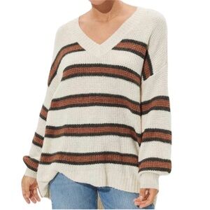 American Eagle DreamSpun v-neck oversized sweater stripe knit brown cream medium